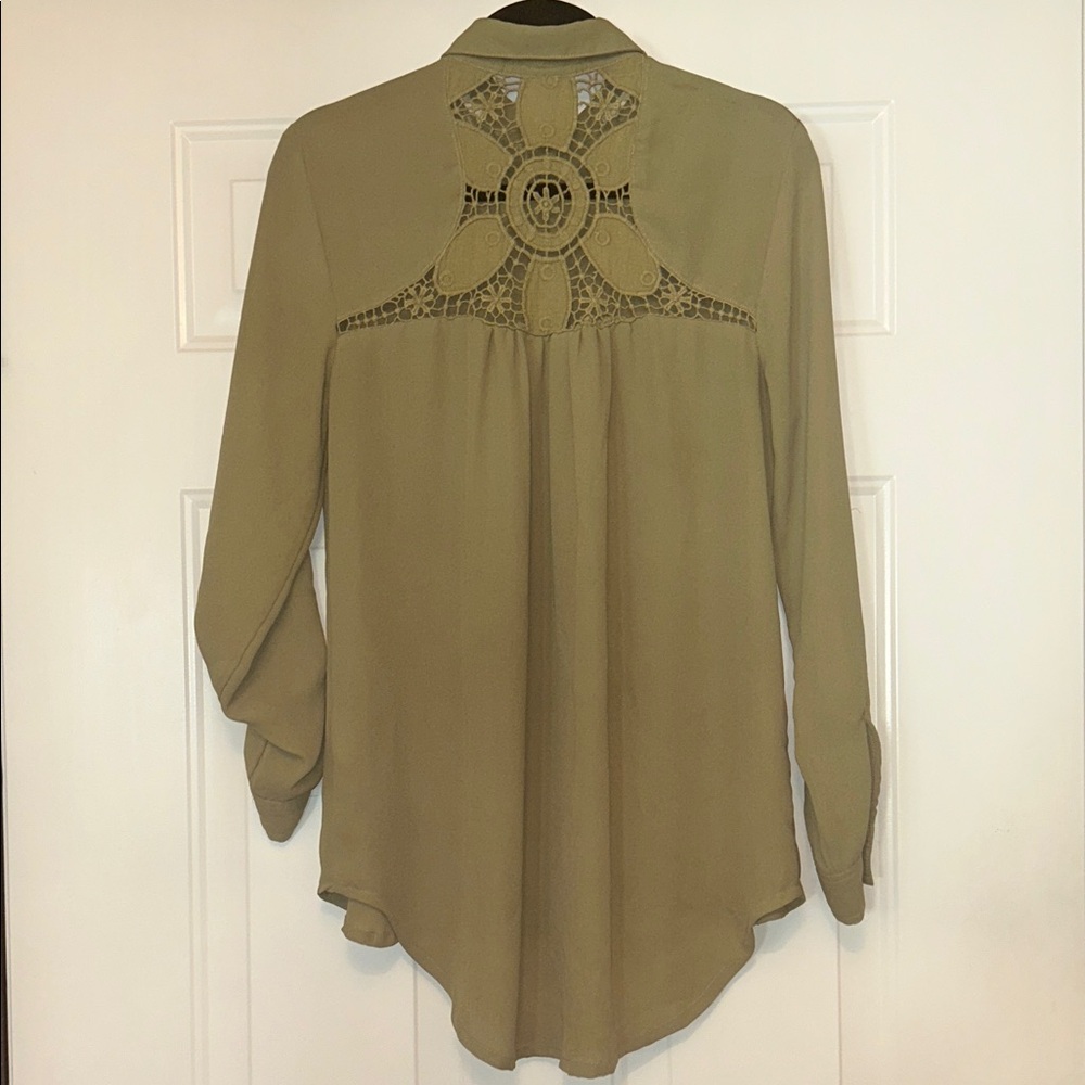 Hint Of Mint Button Blouse M Olive Crocheted Back Peasant Cottage-core Floral